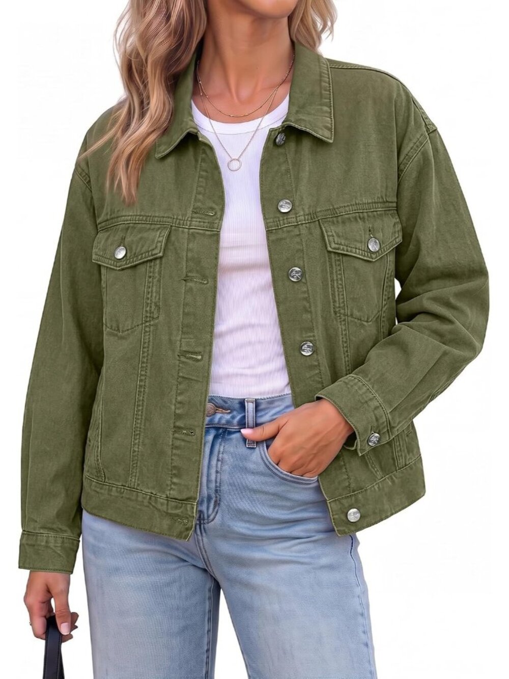 Women’s Army Green Oversized Button Up Classic Casual Denim Jean Jacket